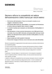 Siemens rafforza la competitivit nel settore dell'automazione e della ricarica per veicoli elettrici