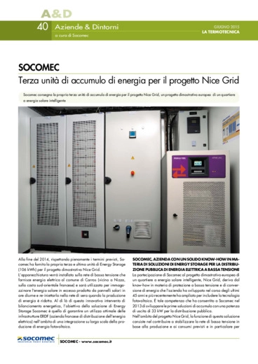 SOCOMEC. Terza unit di accumulo di energia per il progetto Nice Grid