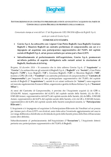 Sottoscrizione di un contratto preliminare avente ad oggetto l'acquisto da parte di Gewiss delle azioni Beghelli di propriet della famiglia