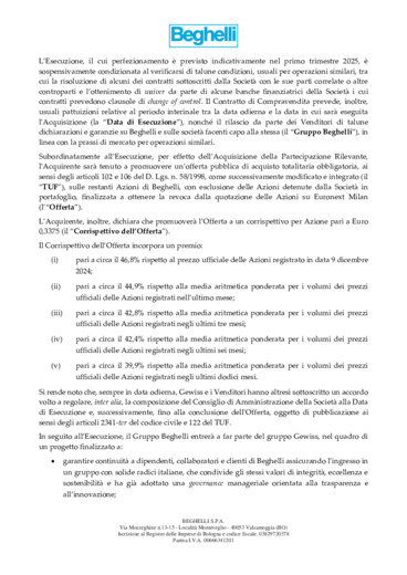 Sottoscrizione di un contratto preliminare avente ad oggetto l'acquisto da parte di Gewiss delle azioni Beghelli di propriet della famiglia