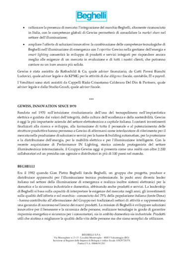 Sottoscrizione di un contratto preliminare avente ad oggetto l'acquisto da parte di Gewiss delle azioni Beghelli di propriet della famiglia