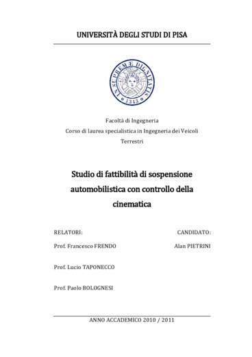 Studio di fattibilit di sospensione automobilistica con controllo della cinematica