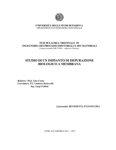 Studio di un impianto di depurazione biologico a membrana