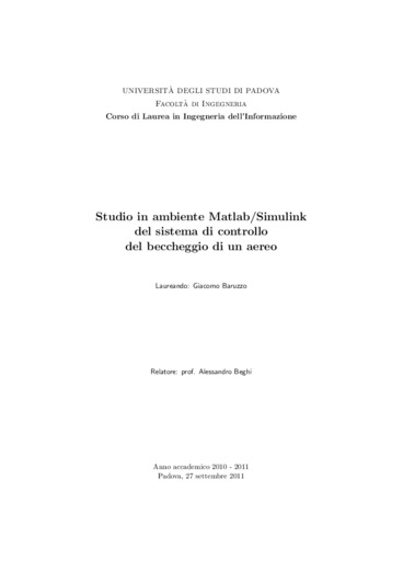 Studio in ambiente Matlab/Simulink del sistema di controllo del beccheggio di un aereo