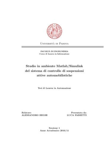 Studio in ambiente Matlab/Simulink del sistema di controllo di sospensione attive automobilistiche