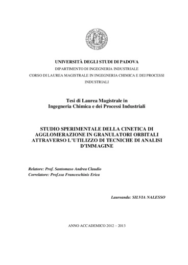 Studio sperimentale della cinetica di agglomerazione in granulatori orbitali attraverso