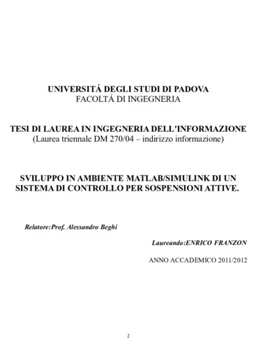 Sviluppo in ambiente matlab/simulink di un sistema di controllo per