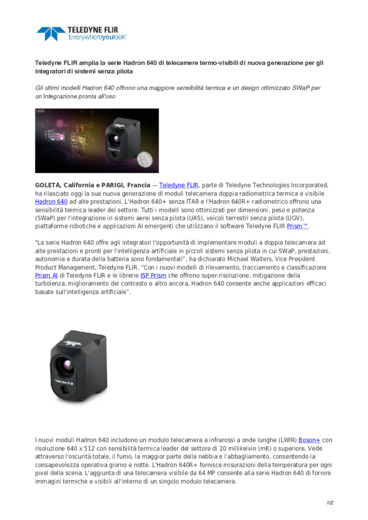 Teledyne FLIR amplia la serie Hadron 640 di telecamere termo-visibili di nuova generazione per gli integratori di sistemi senza pilota