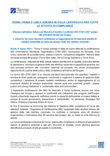 Terna: prima e unica azienda in Italia certificata per tutte le attivit di compliance
