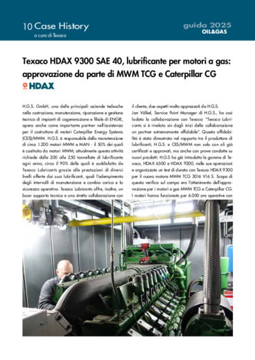 Texaco HDAX 9300 SAE 40, lubrificante per motori a gas: approvazione da parte di MWM TCG e Caterpillar CG