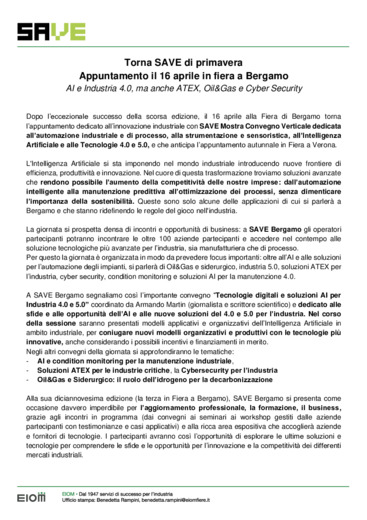 Torna SAVE di primavera: appuntamento il 16 aprile in fiera a Bergamo tra AI e Industria 4.0, ATEX, Oil&Gas e Cyber Security