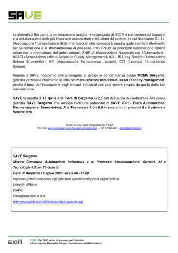 Torna SAVE di primavera: appuntamento il 16 aprile in fiera a Bergamo tra AI e Industria 4.0, ATEX, Oil&Gas e Cyber Security