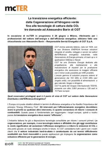 Transizione energetica efficiente: dalla Cogenerazione all'Idrogeno verde fino alle tecnologie di cattura CO2, tre domande ad Alessandro Borin di CGT