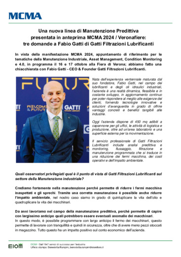 Una nuova linea di Manutenzione Predittiva presentata in anteprima MCMA 2024/Veronafiere: tre domande a Fabio Gatti di Gatti Filtrazioni Lubrificanti