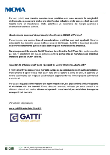 Una nuova linea di Manutenzione Predittiva presentata in anteprima MCMA 2024/Veronafiere: tre domande a Fabio Gatti di Gatti Filtrazioni Lubrificanti