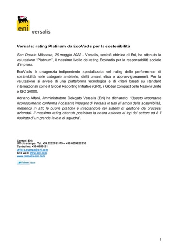 Versalis: rating Platinum da EcoVadis per la sostenibilità