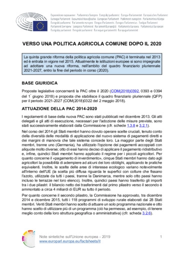 Verso una politica agricola comune dopo il 2020